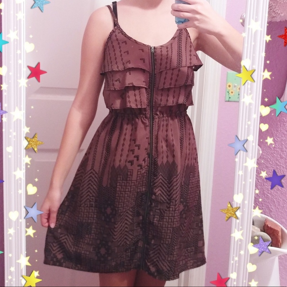 Size S Zip Up Brown Geometric Pattern Sundress